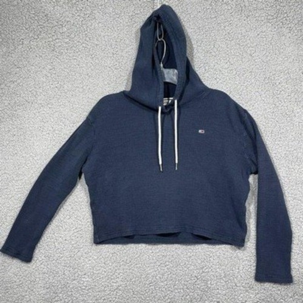 Tommy Jeans Hoodie Womens Small Blue Waffle Knit Cropped Pullover Logo Flag